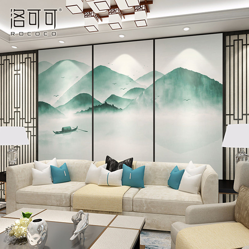洛可可壁纸新中式风格青山绿水沙发卧室电视背景墙壁画无纺布墙纸