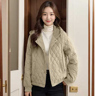 洋气菱格连帽轻薄棉袄外套2024秋冬新款 棉衣棉服女短款 小个子时尚