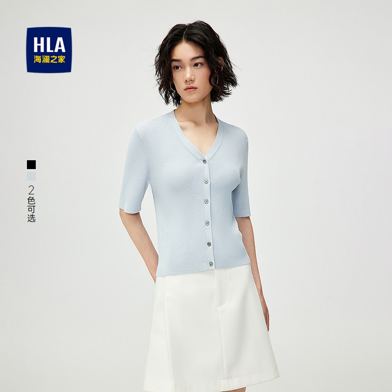 HLA/海澜之家通勤休闲轻薄短袖针织开衫春夏新黑色时尚毛衣女装