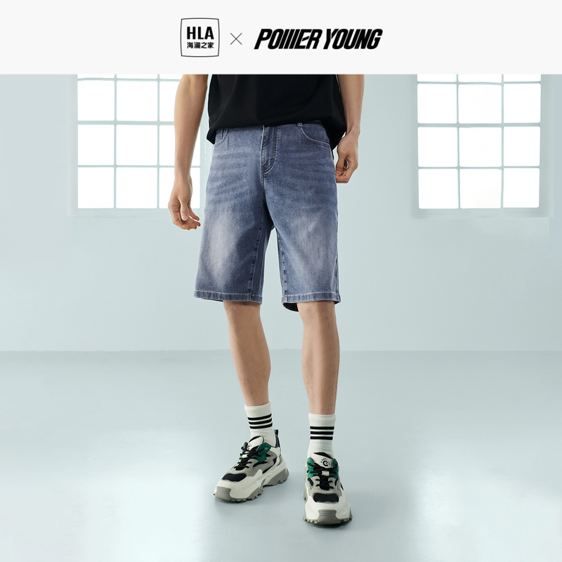 HLA海澜之家POWER YOUNG牛仔中裤23春夏新款猫须工艺五分短裤男