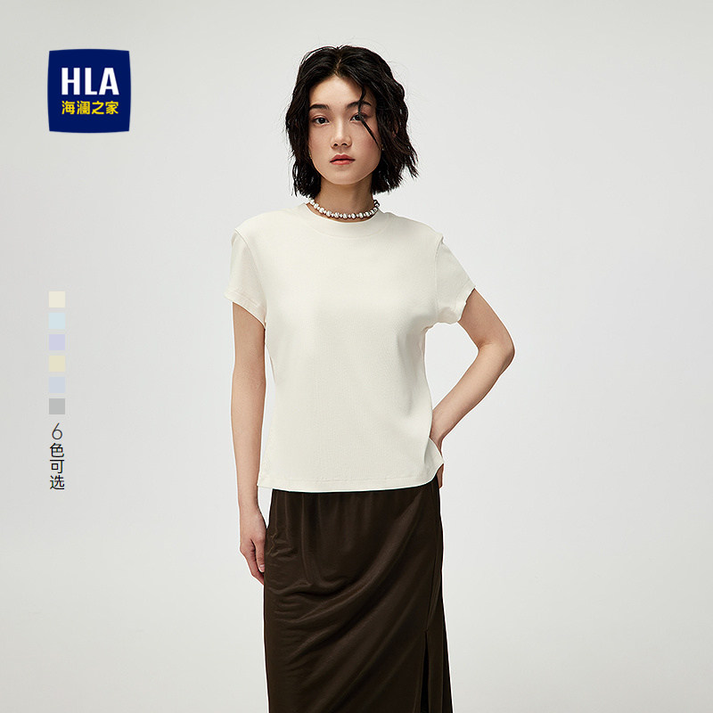HLA/海澜之家时尚黑色圆领直筒短袖T恤春夏新弹力针织上衣女装