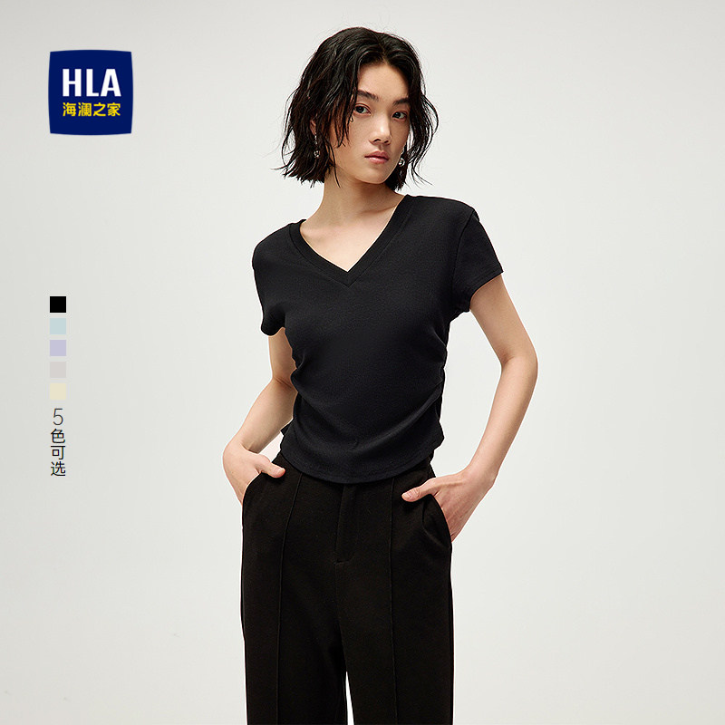 HLA/海澜之家时尚收腰短袖T恤25春夏新款V领微弹透气黑色短t