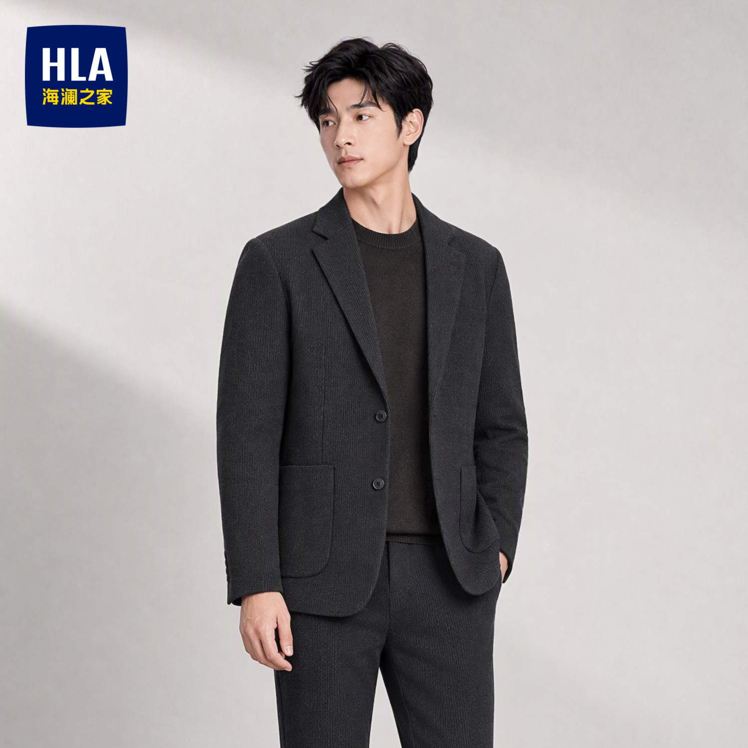 HLA/海澜之家绒感弹力西服2026冬新平驳领撞色花纹商务休闲外套男