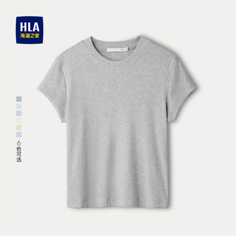 HLA/海澜之家休闲黑色圆领直筒短袖T恤春夏新弹力针织上衣女装