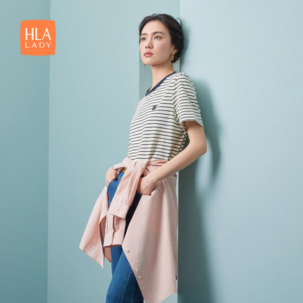 HLA/海澜之家时尚条纹短袖T恤2024春夏新款圆领休闲女装