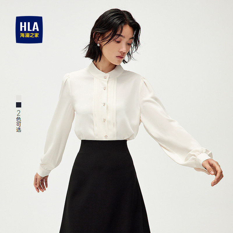 HLA/海澜之家时尚法式长袖衬衫春夏新款立领休闲泡泡袖衬衣女装