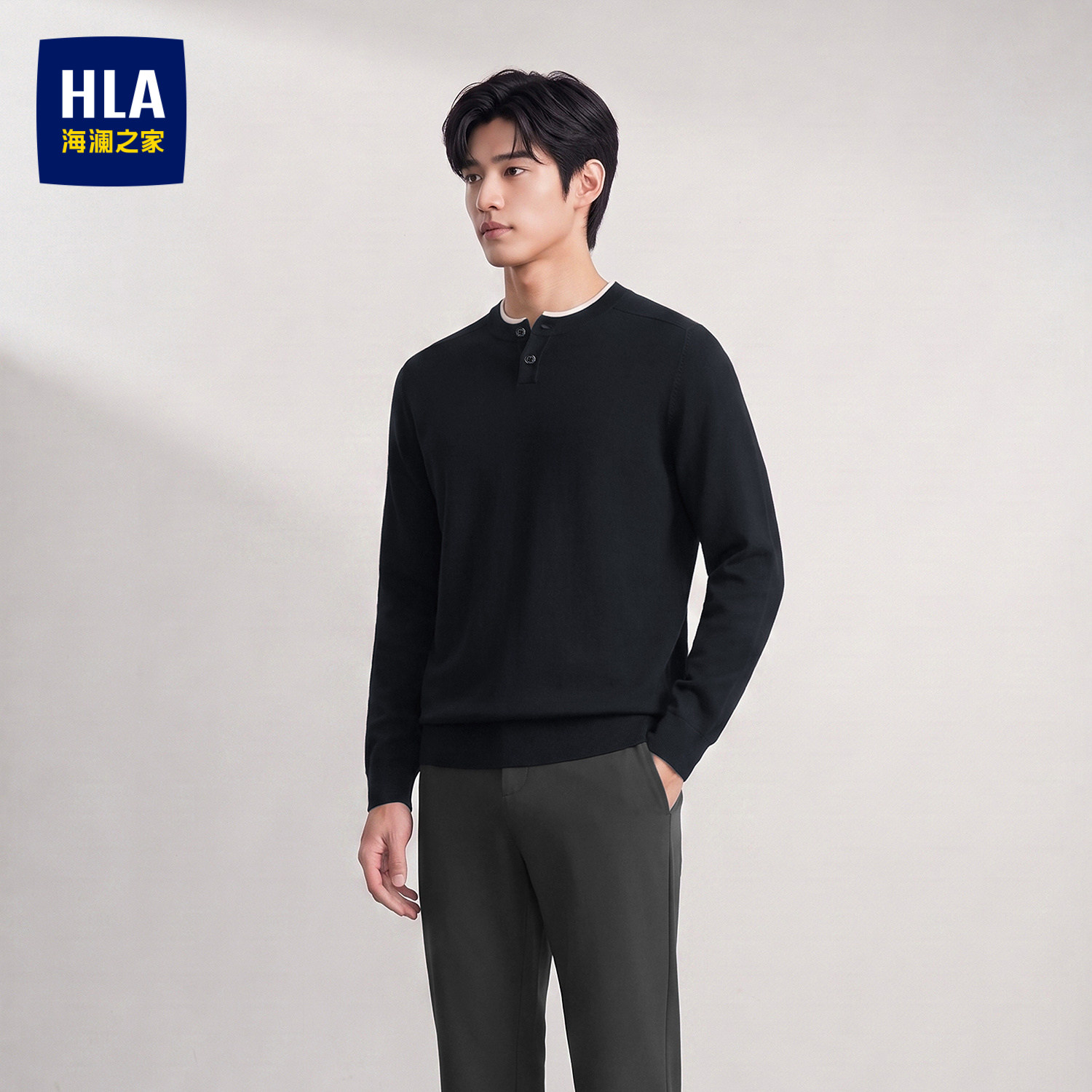 HLA/海澜之家休闲长袖针织衫26秋新款圆领套头薄款修身时尚上衣男