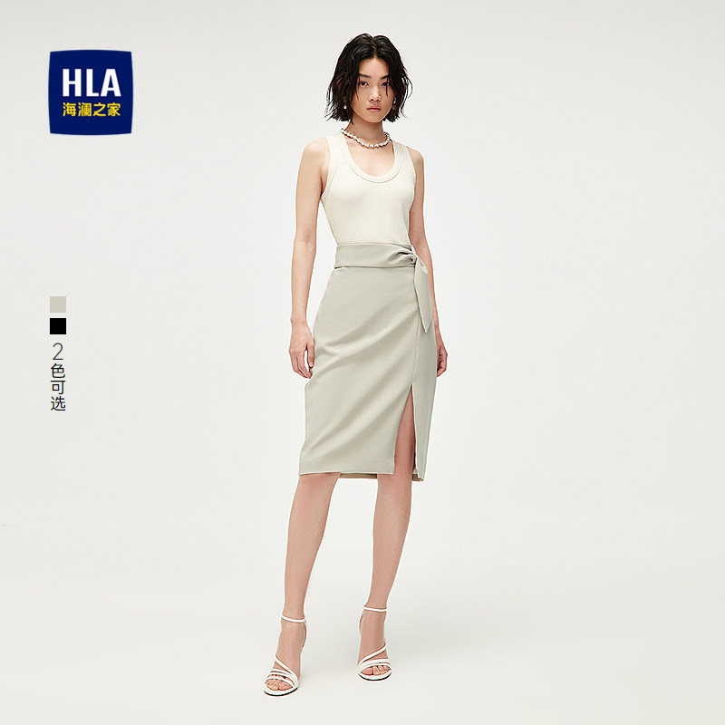HLA/海澜之家通勤修身半裙25春夏新侧开叉时尚黑色弹力包臀裙女