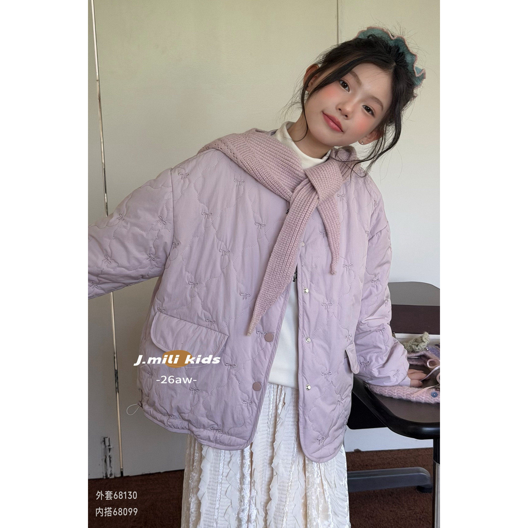 秋冬中大童薄款保暖蝴蝶结棉服