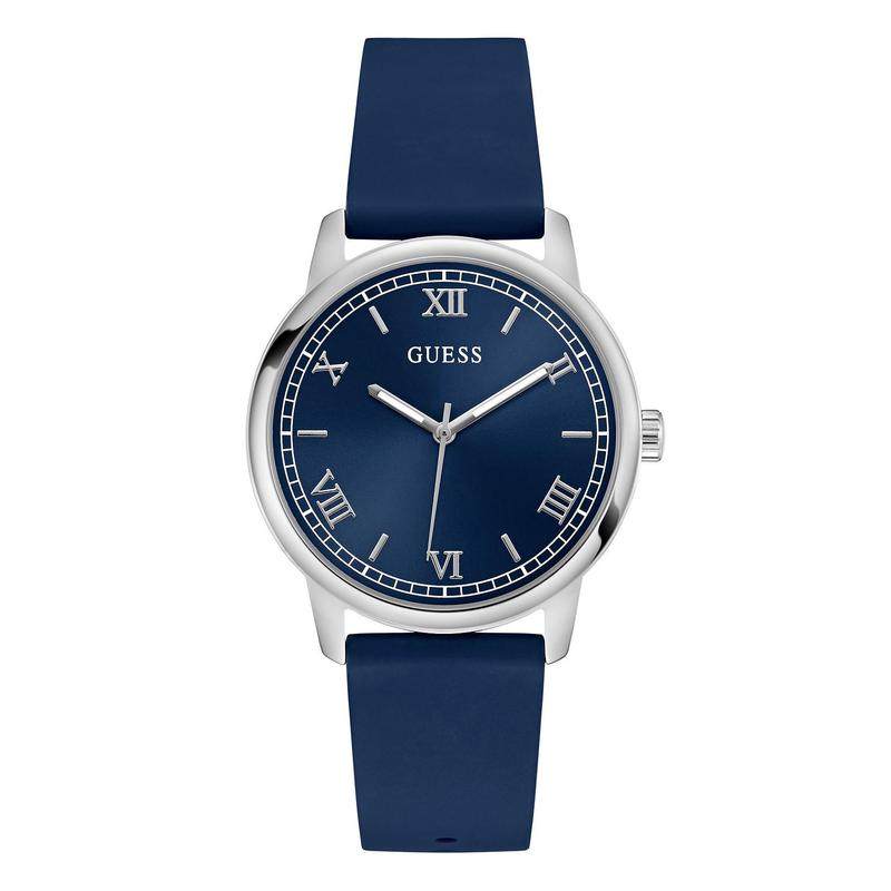 代购GUESS女士腕表防水模拟计时日历蓝色硅胶钢壳罗马商务休闲