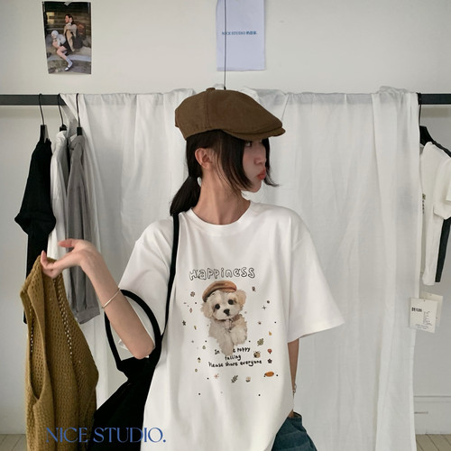 奶思家NICE STUDIO-秋上新趣味小狗印花宽松短袖T恤R1097不退换