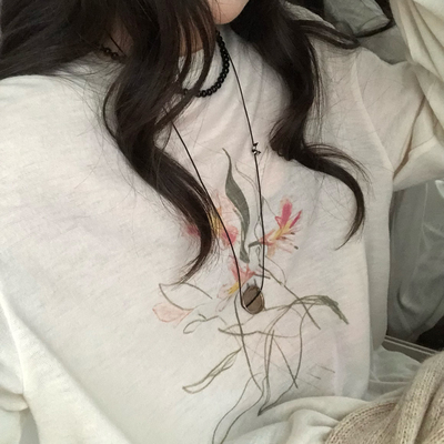 FEEL BLESSED-冬款宽松落肩彩色花卉印花长袖T恤FB632090不退换