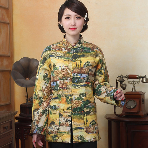 谦祥益复古立领盘扣真丝亚麻棉袄