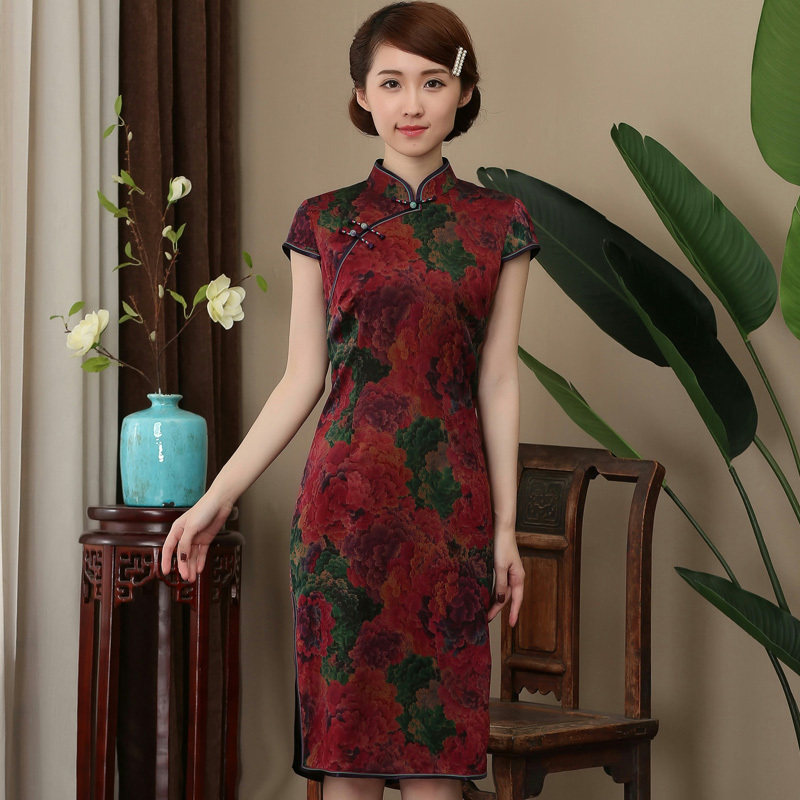 香云纱中式礼服夏季日常真丝连衣裙中长款短袖桑蚕丝修身复古旗袍