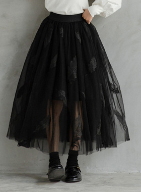 女童超仙网纱半身裙春秋季女宝宝甜美羽毛刺绣黑色仙女长裙公主裙