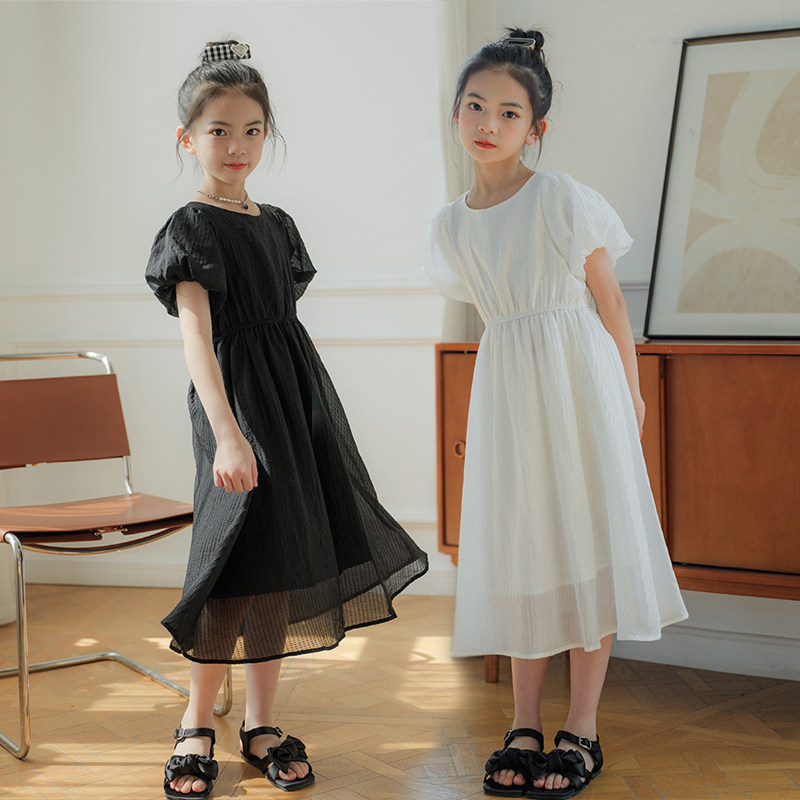 法式女童泡泡袖连衣裙夏季新款白色雪纺裙甜美儿童海边度假长裙子