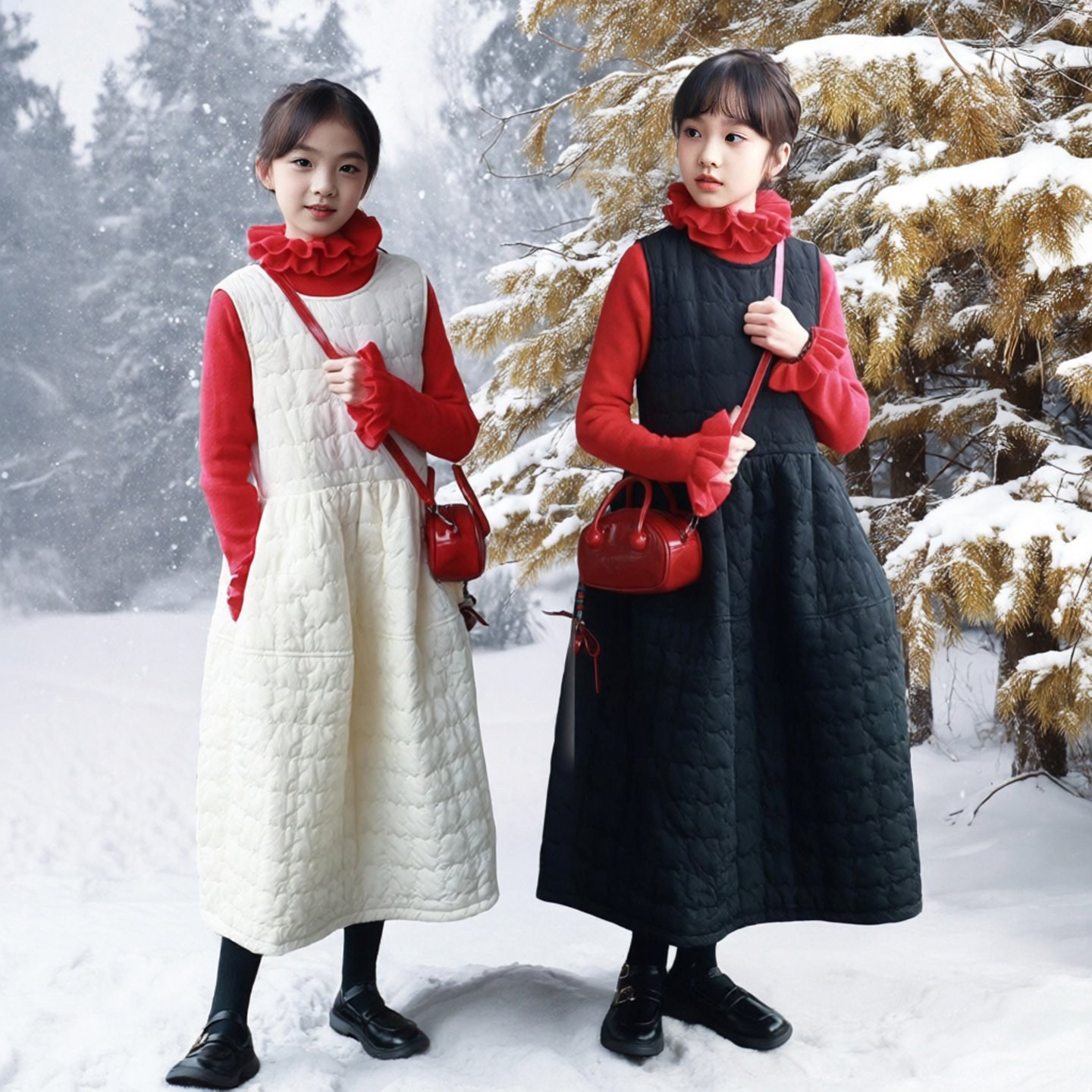 2025新款中大女童洋气时髦夹棉绑带背心裙甜美毛衣新年套装连衣裙