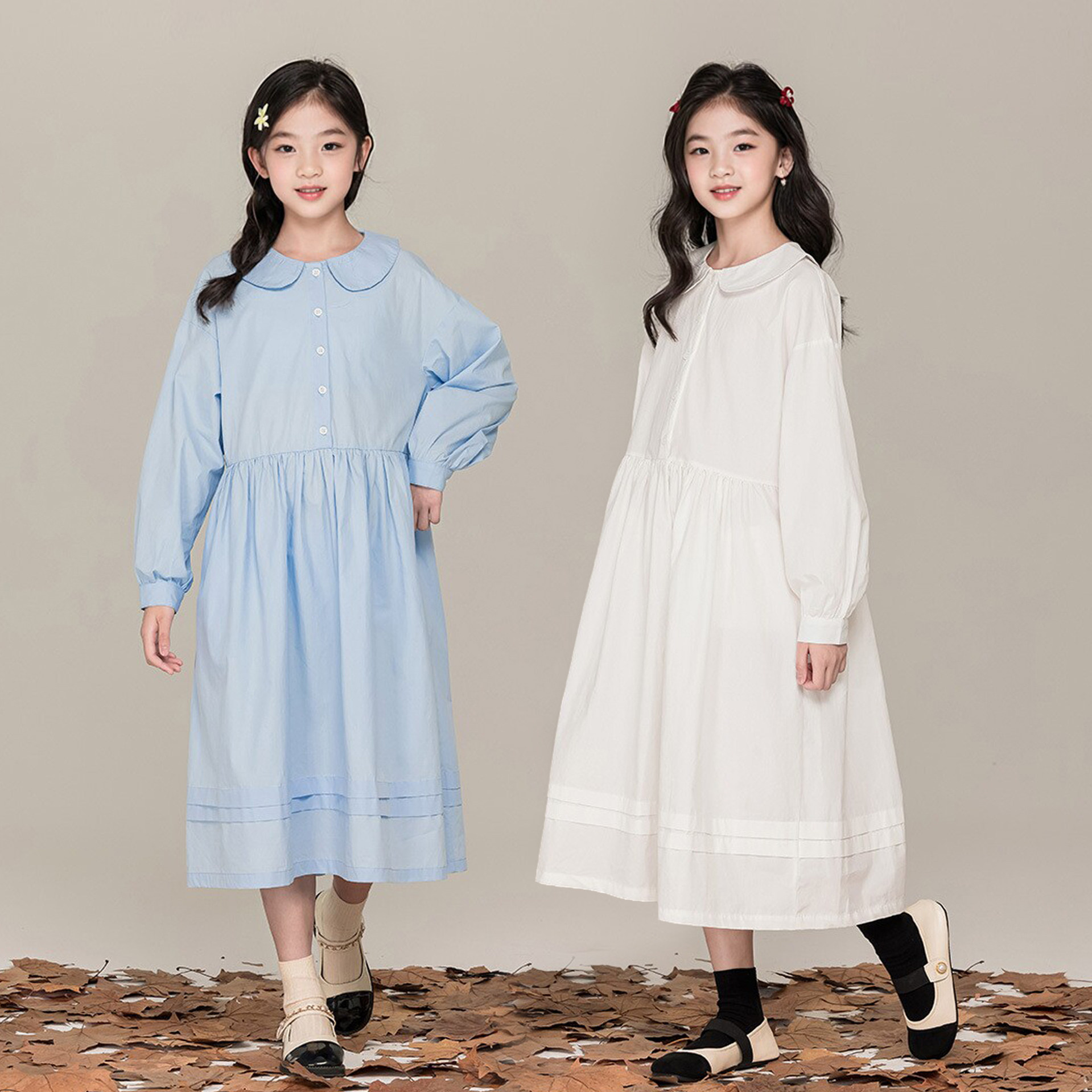 女童娃娃领长袖连衣裙春季新款中大童日系宽松洋气百搭中长款裙子