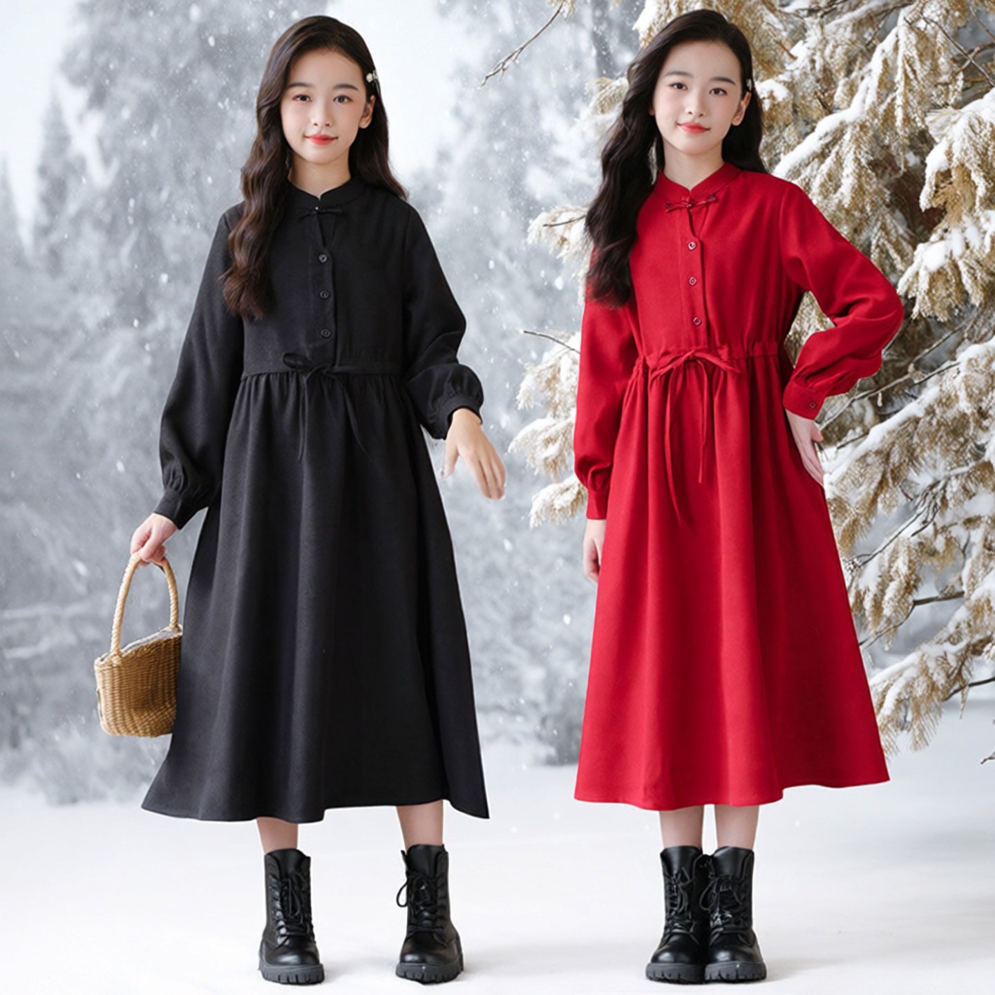 女童中式红色文艺立领长裙大童秋冬新款宽松收腰系带连衣裙拜年服