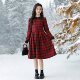 女童格纹连衣裙中大童秋冬季 磨毛呢子法式 英伦红色公主裙新年战袍