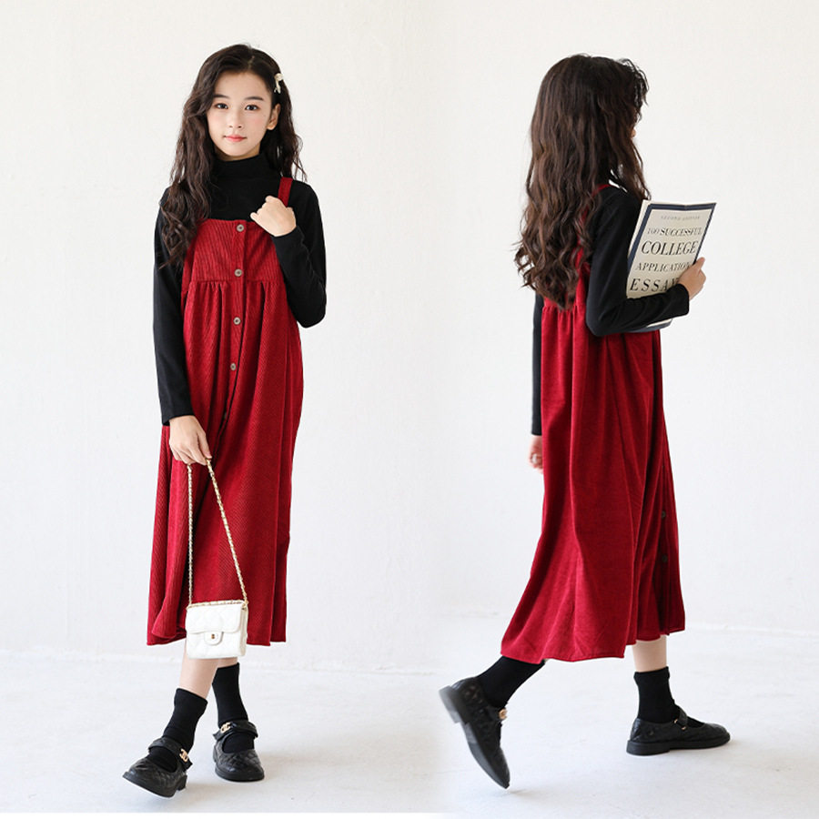 2024冬季中大童韩系安克拉红色背带连衣裙女童洋气时髦吊带裙套装