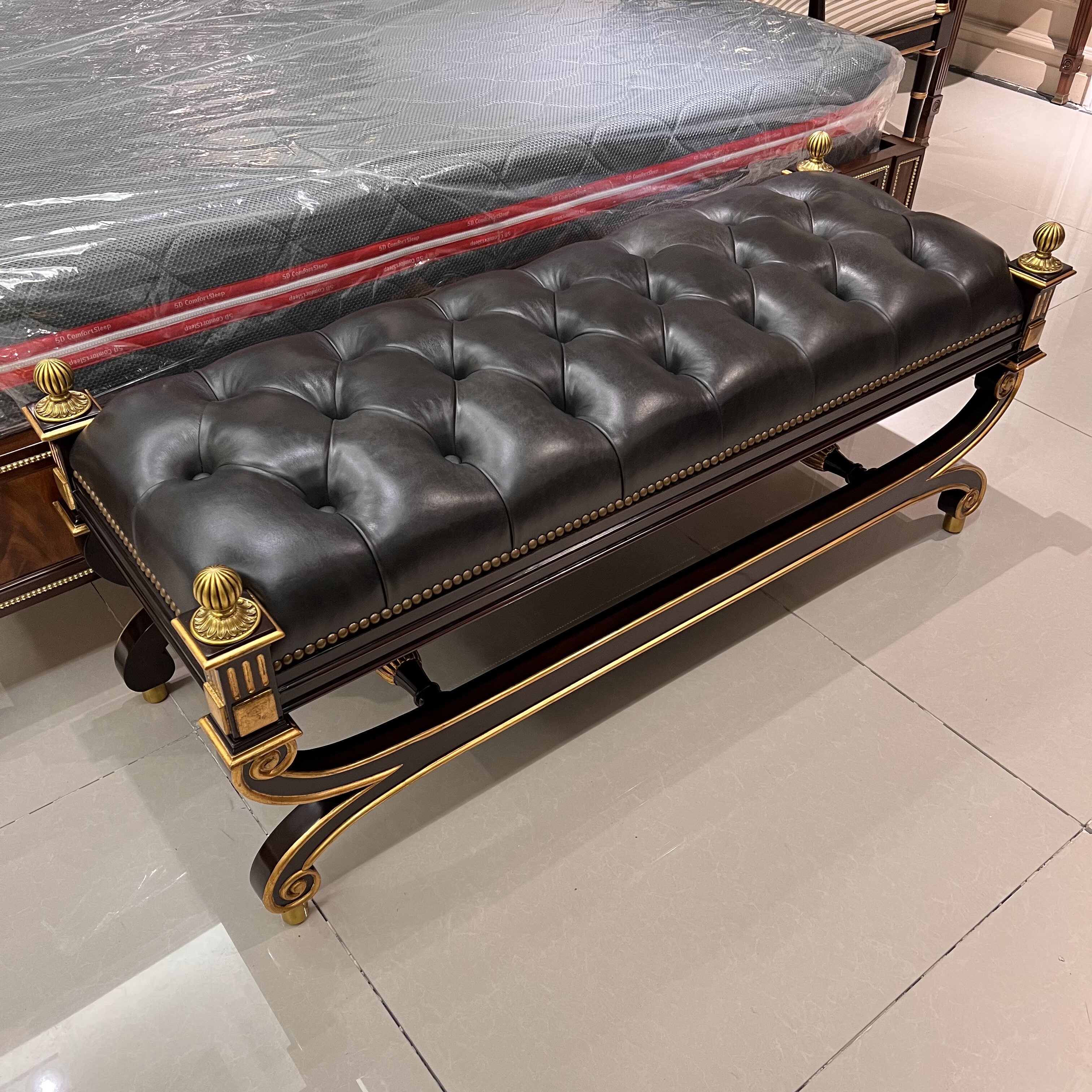 欧式实木床尾凳头层牛皮换鞋凳衣帽间长条凳卧室床尾凳古典换鞋凳