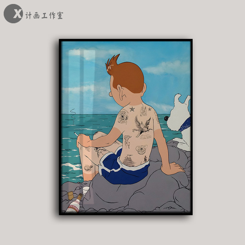 丁丁历险记纹身潮流艺术版画客厅沙发无框大尺寸装饰画铝合金挂画