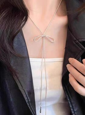 银色蝴蝶结抽拉项链女简约ins冷淡风长款配饰韩系时尚气质锁骨链