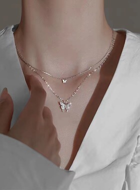 闪钻蝴蝶双层项链女ins小众设计百搭轻奢冷淡风锁骨链送闺蜜礼物