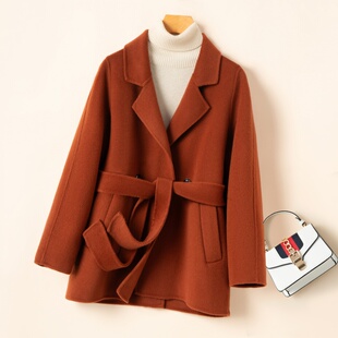 双面羊毛大衣女中长款西装领赫本风小个子毛呢外套腰带宽松大码