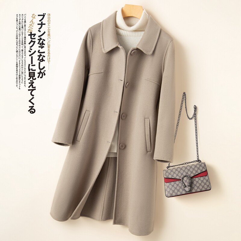 新款双面羊绒呢大衣女中长款娃娃领纯色羊毛呢外套女微宽松大码