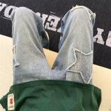 高街五角星牛仔裤男女复古宽松阔腿直筒长裤ins潮XZ304B-K8125P50，男装牛仔裤，星座302B-1