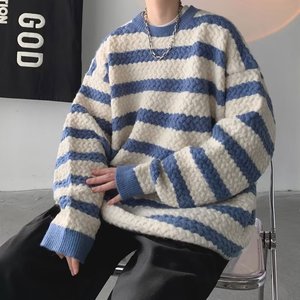 条纹圆领毛衣秋冬季韩版潮牌ins宽松情侣针织衫XZ302-1-M238P45图片