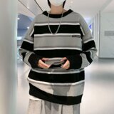 条纹休闲拼色oversize潮流个性情侣小众针织衫XZ304B-M9928P45，男装针织衫/毛衣，星座302B-1