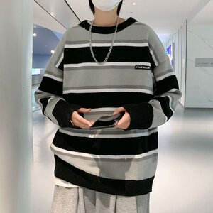 条纹休闲拼色oversize潮流个性情侣小众针织衫XZ304B-M9928P45图片
