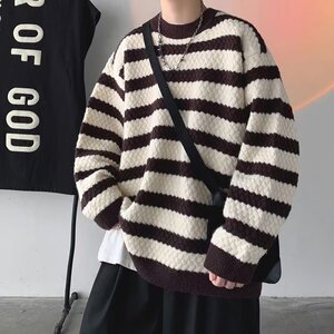 条纹圆领毛衣秋冬季韩版潮牌ins宽松情侣针织衫XZ302-1-M238P45图片