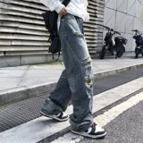 复古做旧破洞牛仔裤男ins潮美式街头直筒裤牛仔裤XZ304B-K9501P48，男装牛仔裤，星座302B-1