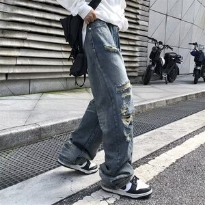 复古做旧破洞牛仔裤男ins潮美式街头直筒裤牛仔裤XZ304B-K9501P48图片