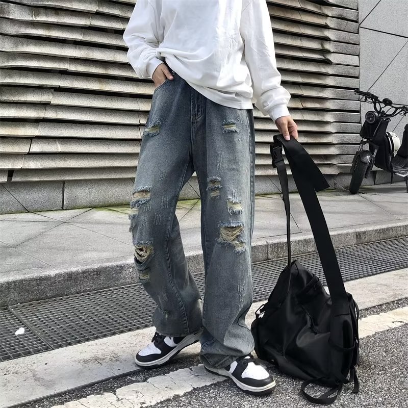 复古做旧破洞牛仔裤男ins潮美式街头直筒裤牛仔裤XZ304B-K9501P48图片