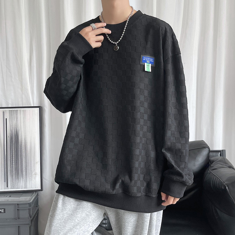 秋季港风新款棋盘格圆领花休闲套头卫衣XZ304B-W3323P35图片