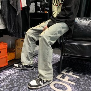 破洞牛仔港风嘻哈潮牌宽松百搭直筒阔腿毛边长裤XZ304B-K8806P45图片