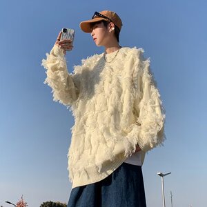 春秋季美式复古流苏毛边针织衫毛衣男高街潮牌XZ302B-1-M185P55图片