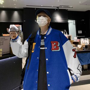 气质潮标准棒球领青春流行拼皮单排扣休闲夹克XZ304B-JK502P78图片