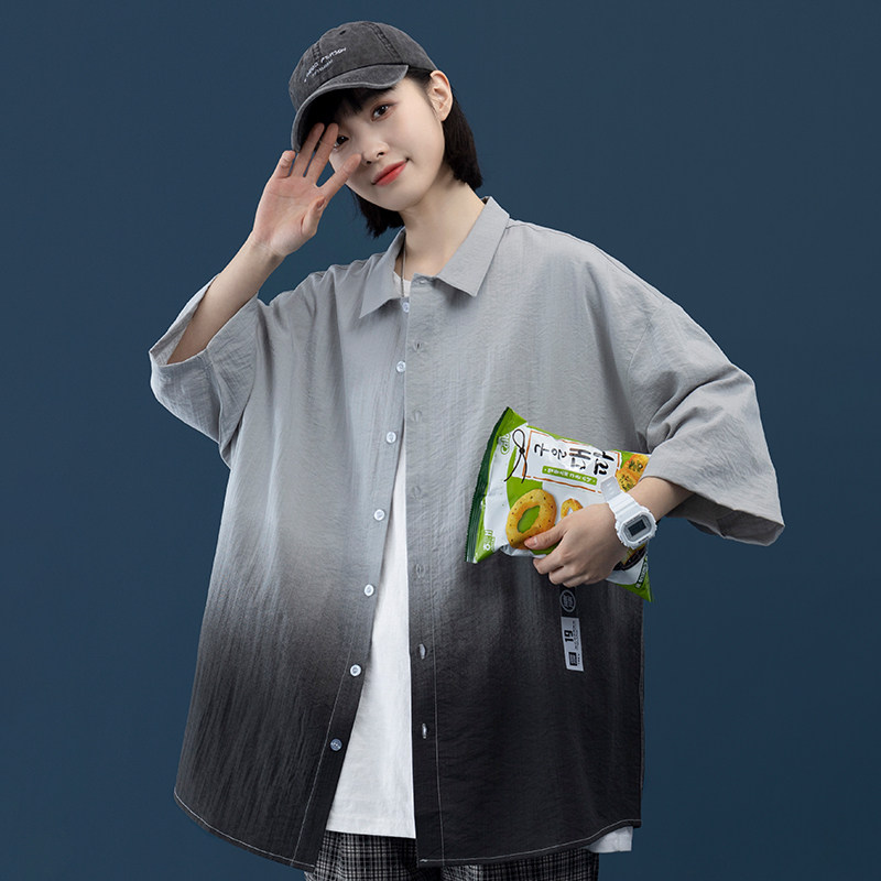 夏季原创新款渐变色百搭中性宽松短袖衬衫套装XZ304B-CS1101-P40,女装衬衫,星座302B-1