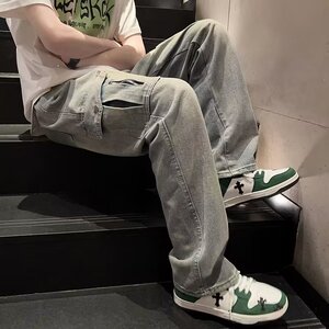 美式高街复古风水洗做旧多口袋工装牛仔裤男潮XZ302B-1-K6027P55图片