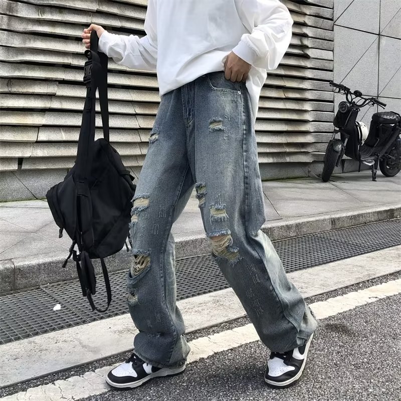 复古做旧破洞牛仔裤男ins潮美式街头直筒裤牛仔裤XZ304B-K9501P48,男装牛仔裤,星座302B-1