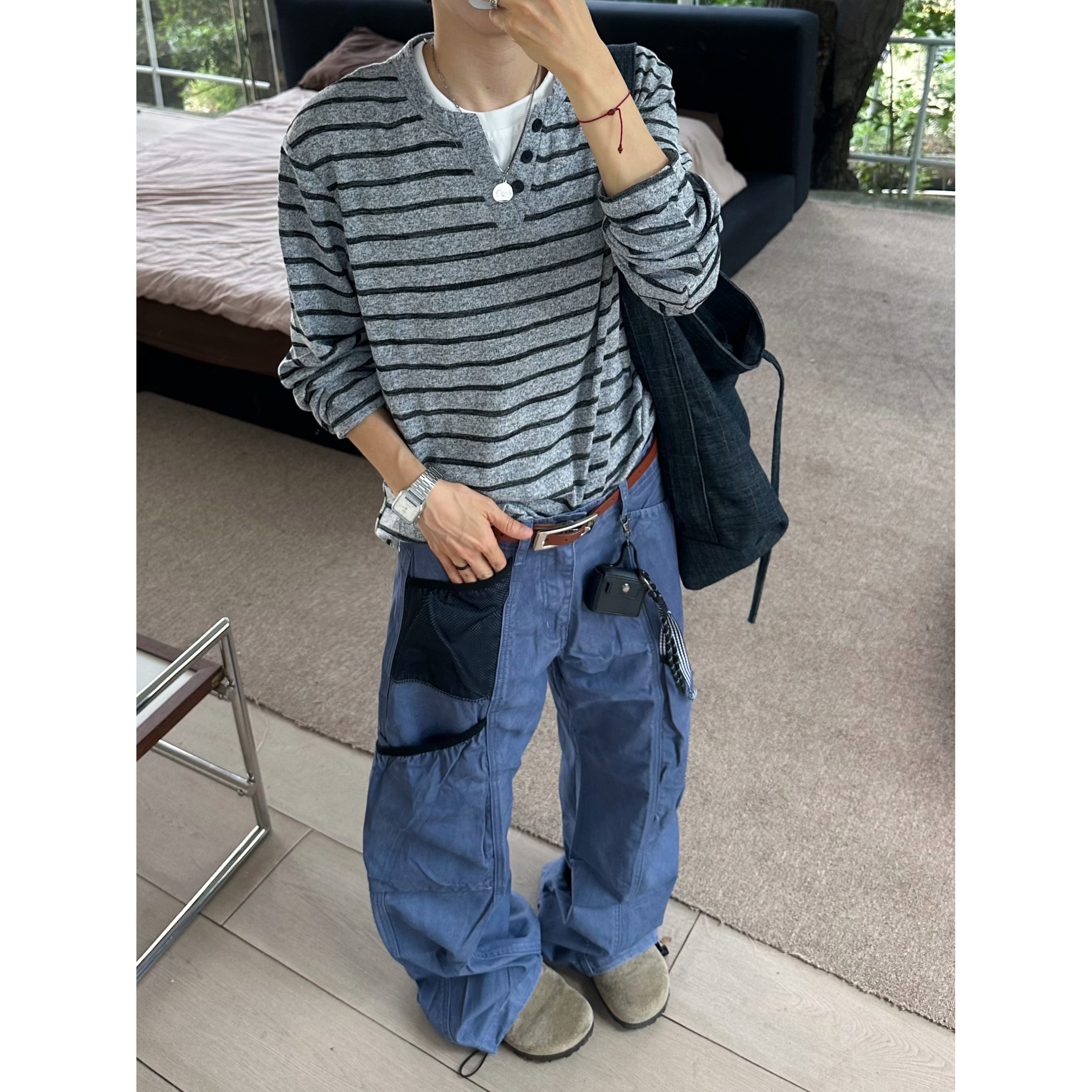 撞色拼接微喇男女休闲裤图片