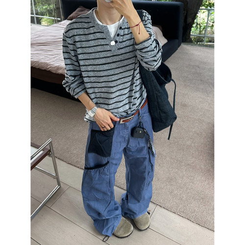 撞色拼接微喇男女休闲裤