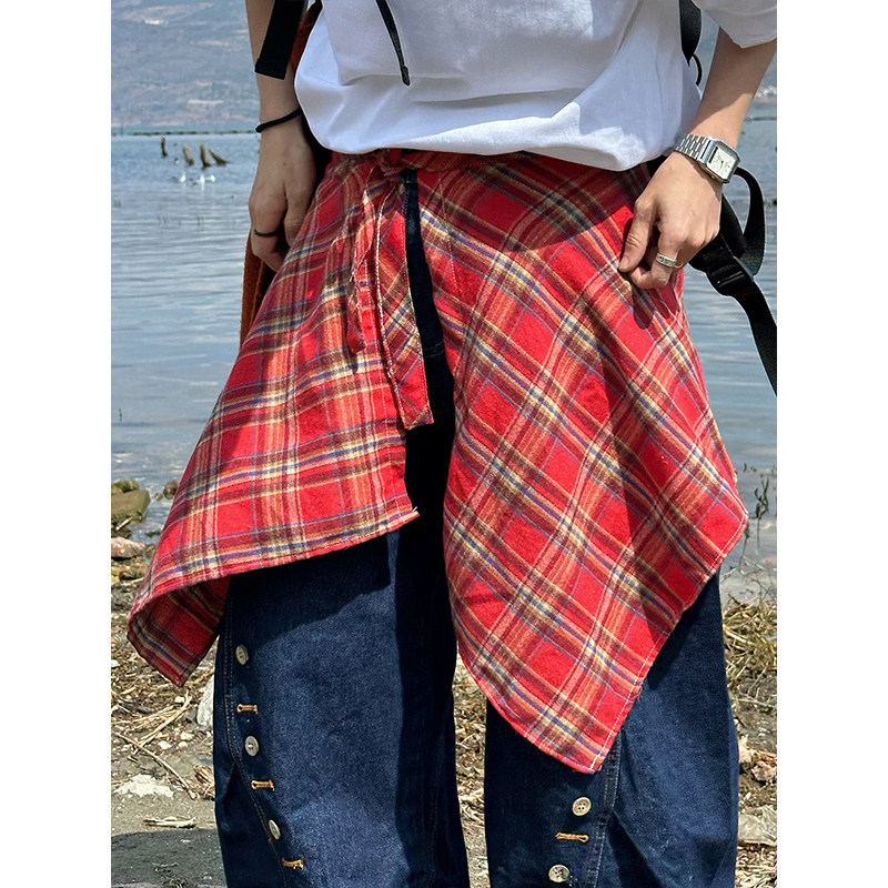 XBRO美式复古裙摆叠穿神器屁帘男女格子下摆假衬衫系腰一片式围腰