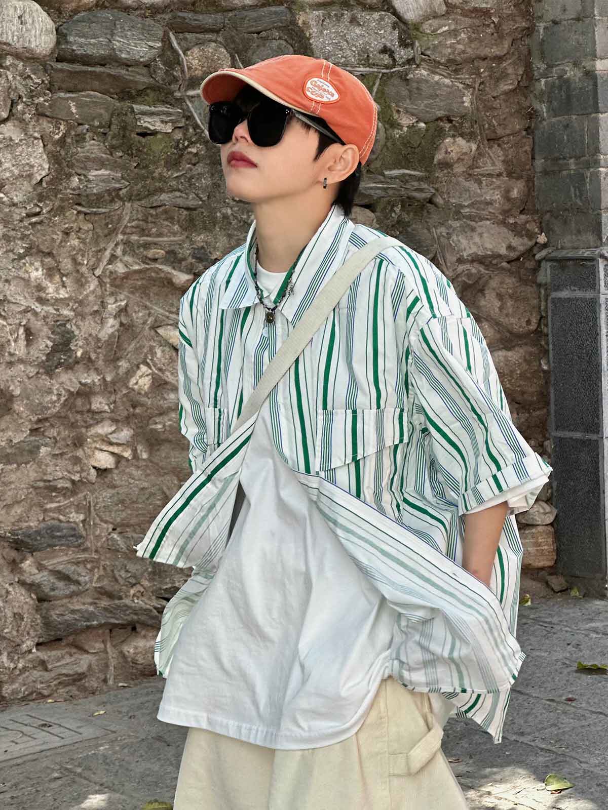 XBRO日系复古多口袋竖条纹宽松五分袖衬衫夏季小众清新衬衣男女bf